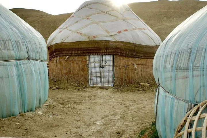 Traditional yurts set up in a desert landscape with hills in the background