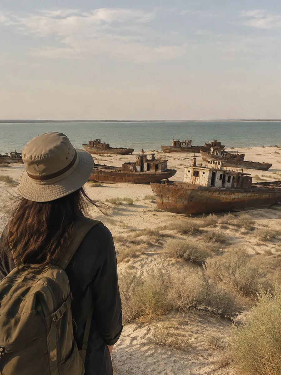 View at Moynaq Ship Cemetery and Aral Sea